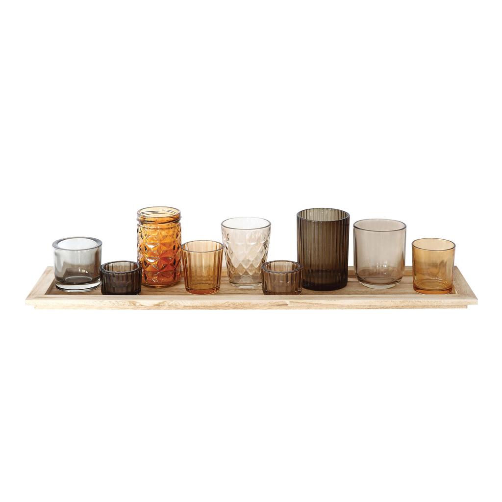 Cracker Barrel Wood Tray with 9 Glass Tealight Holders