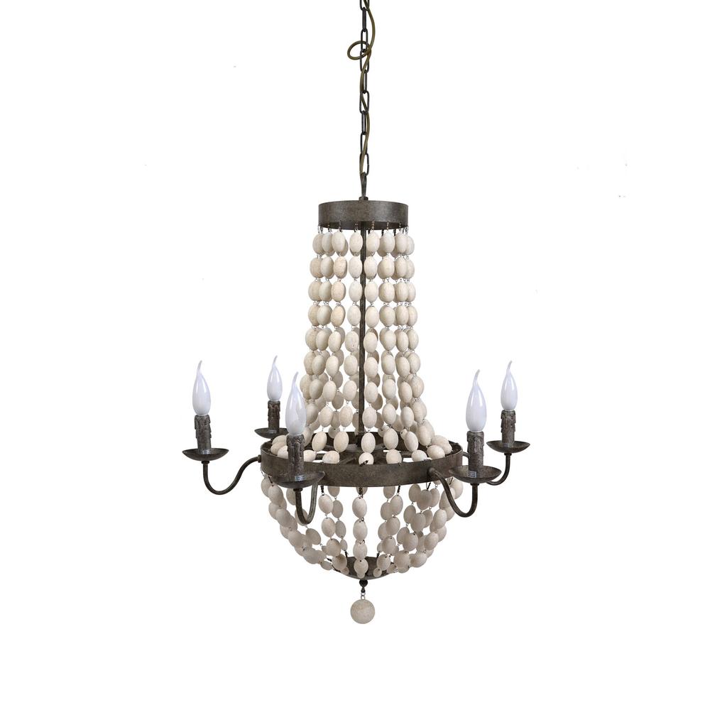 Cracker Barrel Iron Chandelier with White Wood Beads