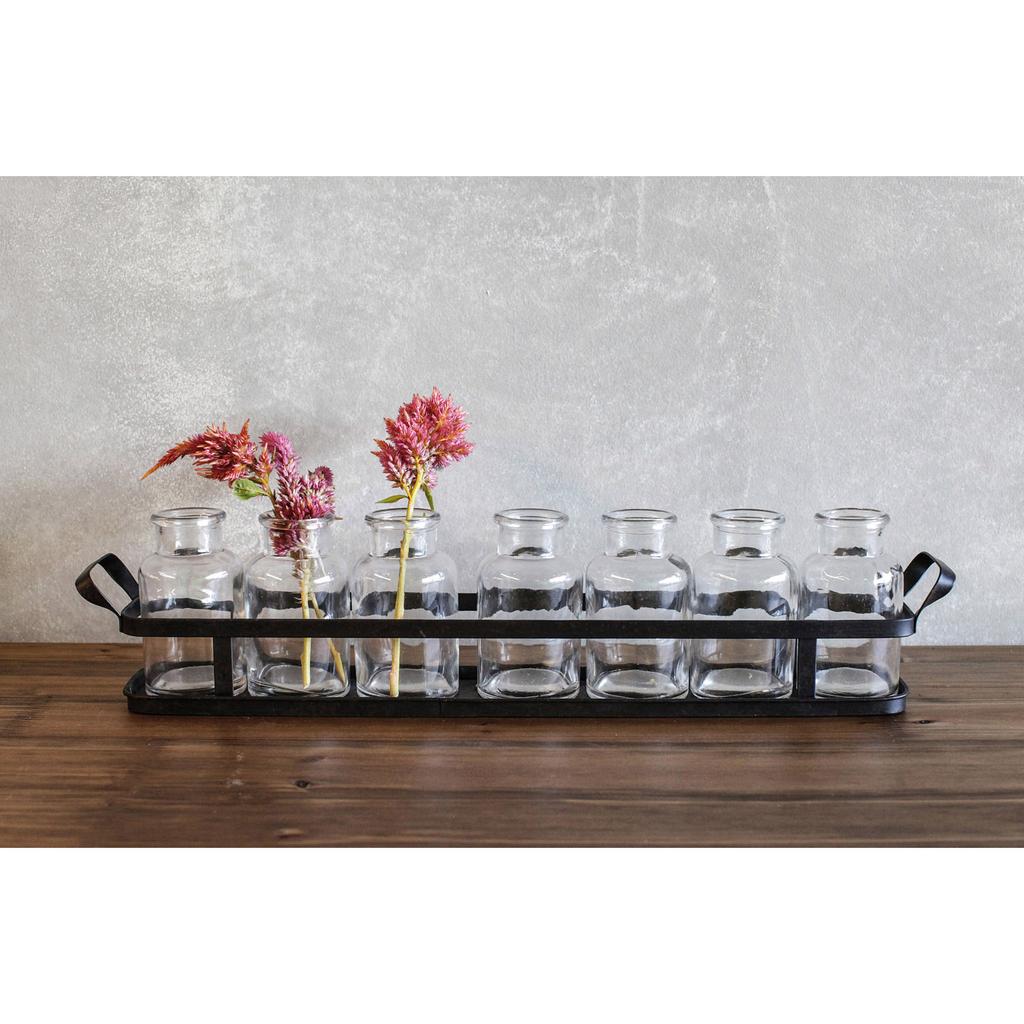 Cracker Barrel Set of 7 Glass Bottles with Metal Tray