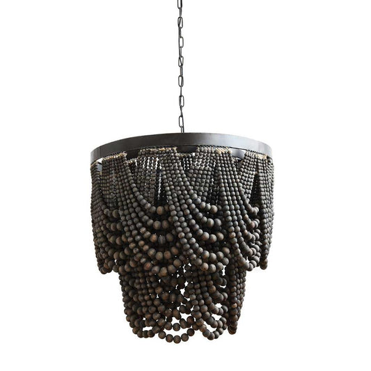 Cracker Barrel Metal and Wood Beaded Chandelier - Black