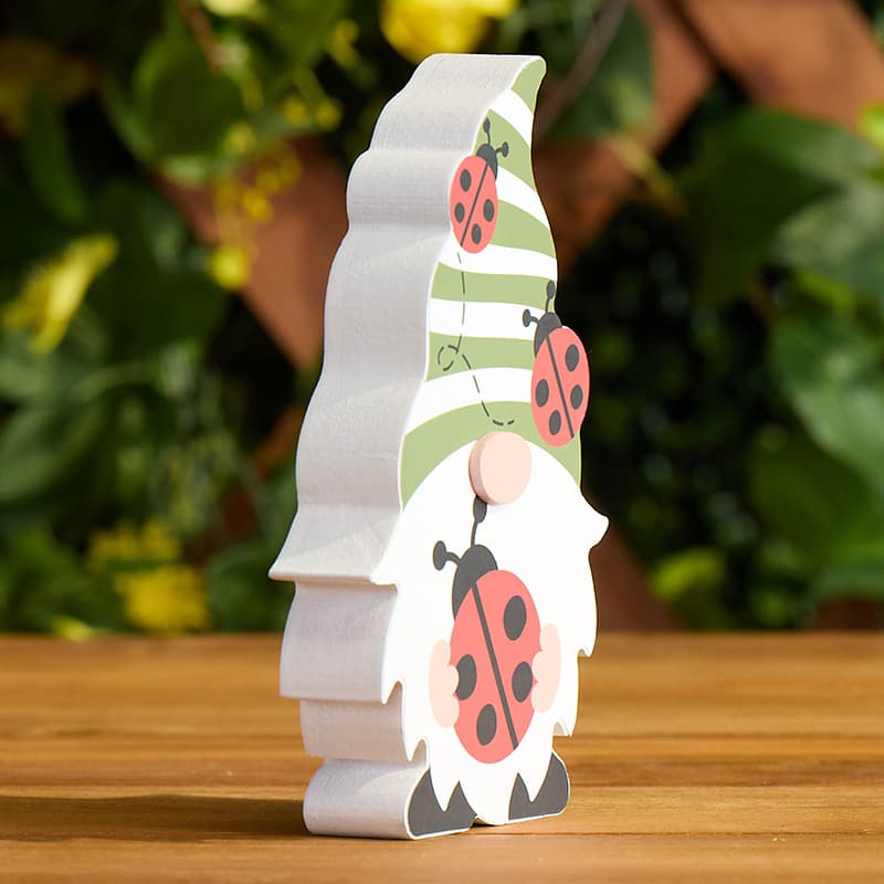 Cracker Barrel Gnome with Ladybugs Block Sign