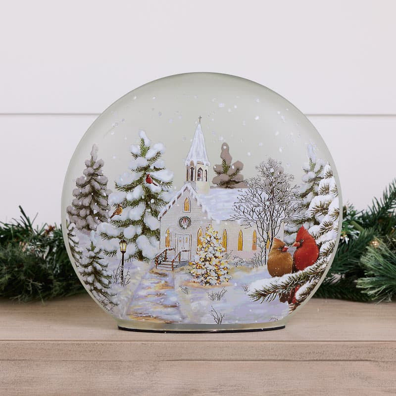 Cracker Barrel Lighted Church Scene Glass Decor