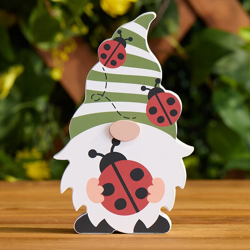 Cracker Barrel Gnome with Ladybugs Block Sign