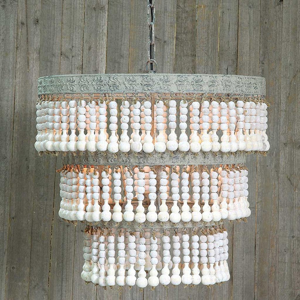 Cracker Barrel Round Metal and Wood Beaded Chandelier