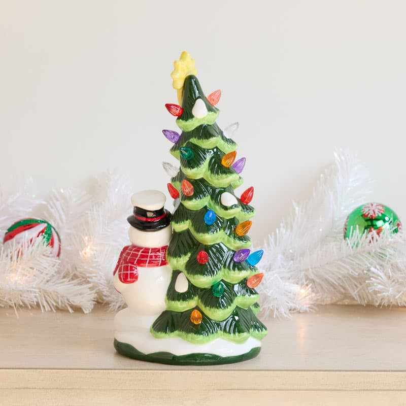 Cracker Barrel Light Up Ceramic Snowman with Christmas Tree