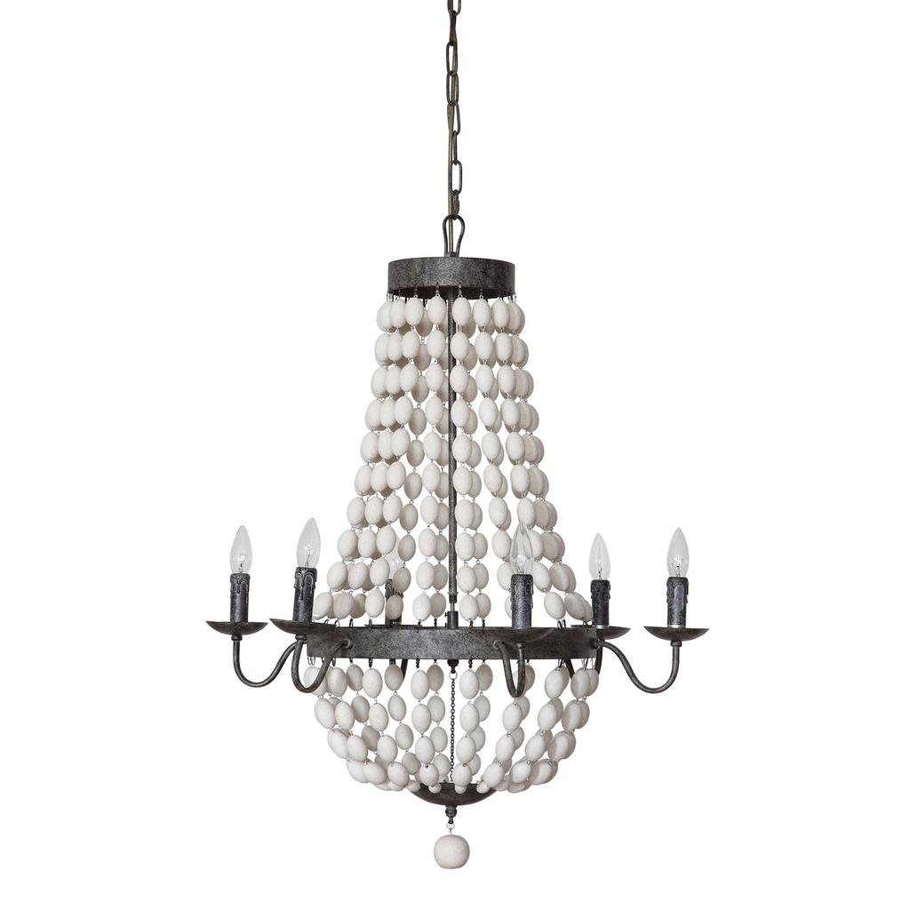 Cracker Barrel Iron Chandelier with White Wood Beads