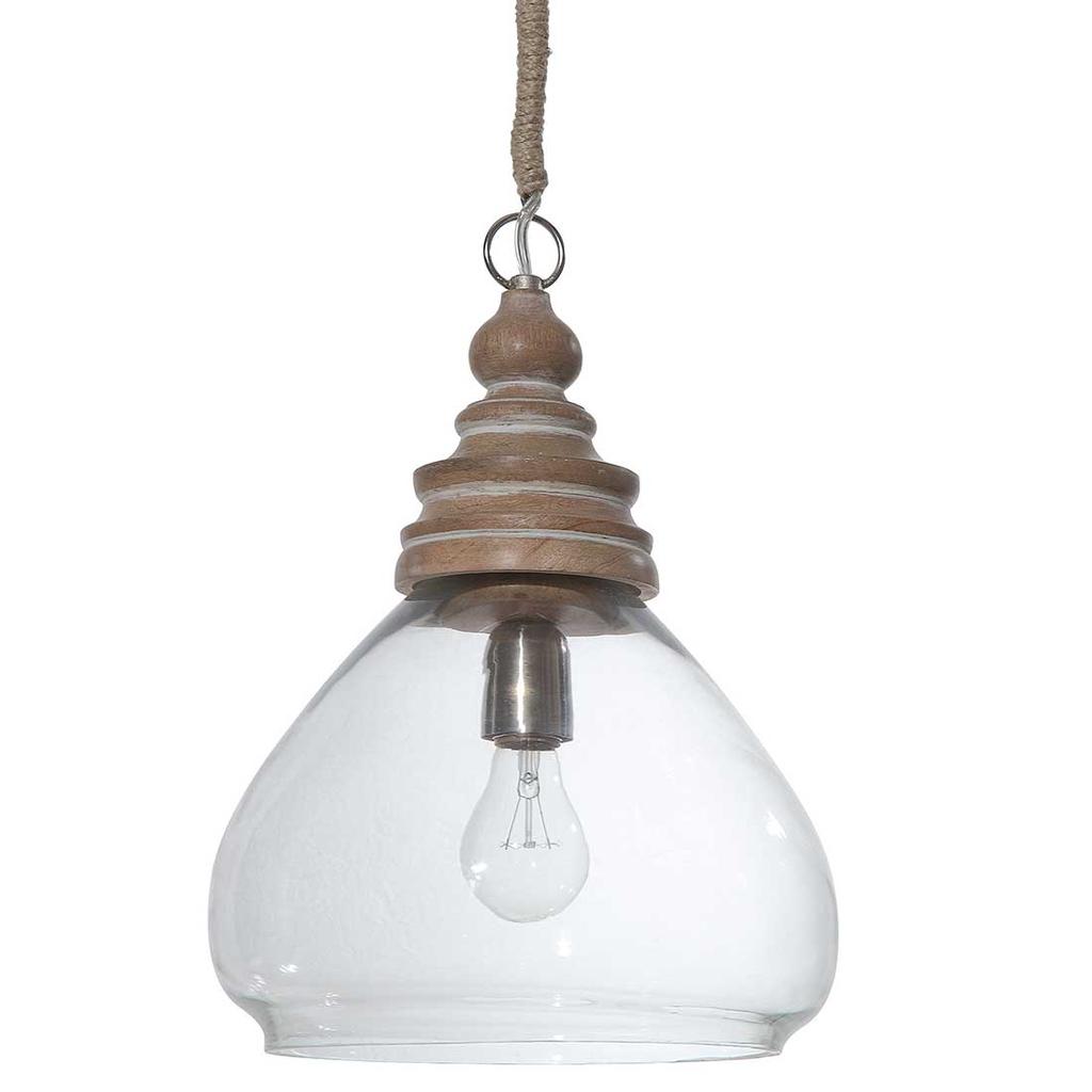 Cracker Barrel Glass and Mango Wood Ceiling Pendant Lamp